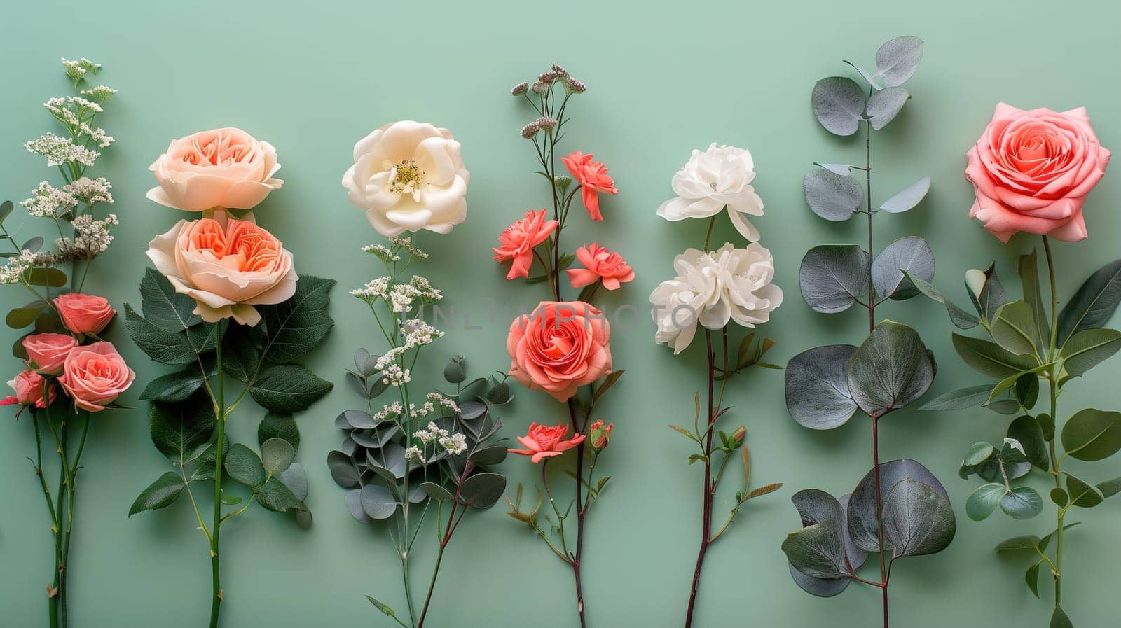 A collection of vibrant flowers arranged on a wall, creating a colorful and decorative display. The flowers vary in size, shape, and color, adding a lively touch to the surroundings.