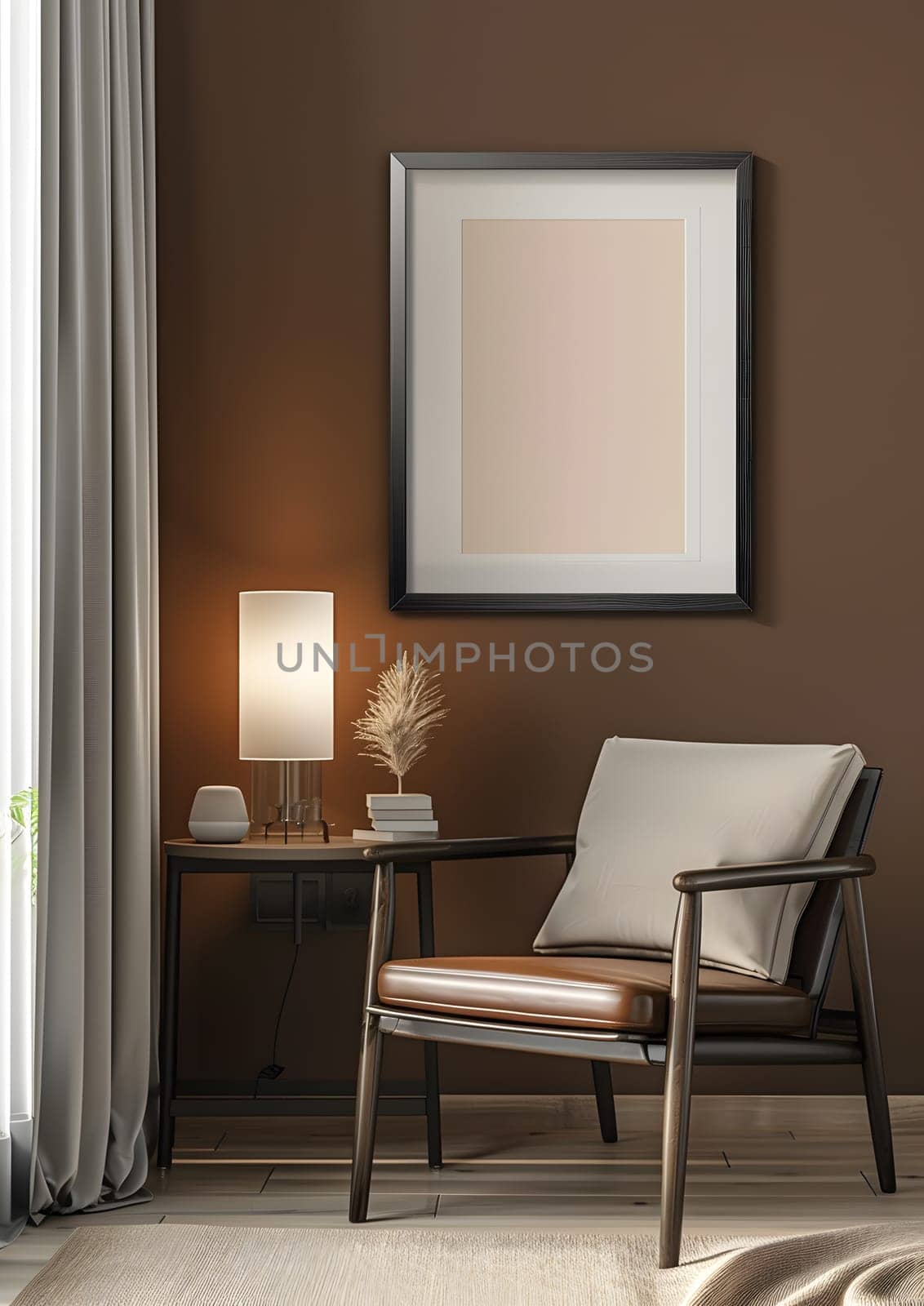 A cozy living room in a building with a comfortable chair, wooden table, stylish lamp, and a beautiful picture on the wall, creating a welcoming atmosphere