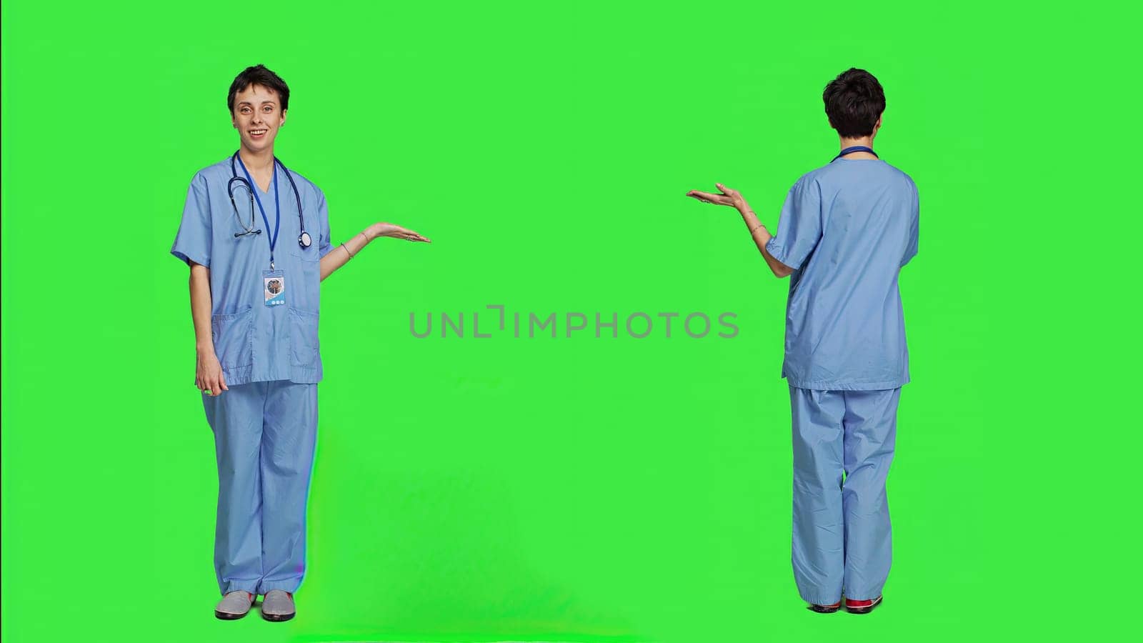 Medical assistant pointing at something aside and doing web commercial by DCStudio