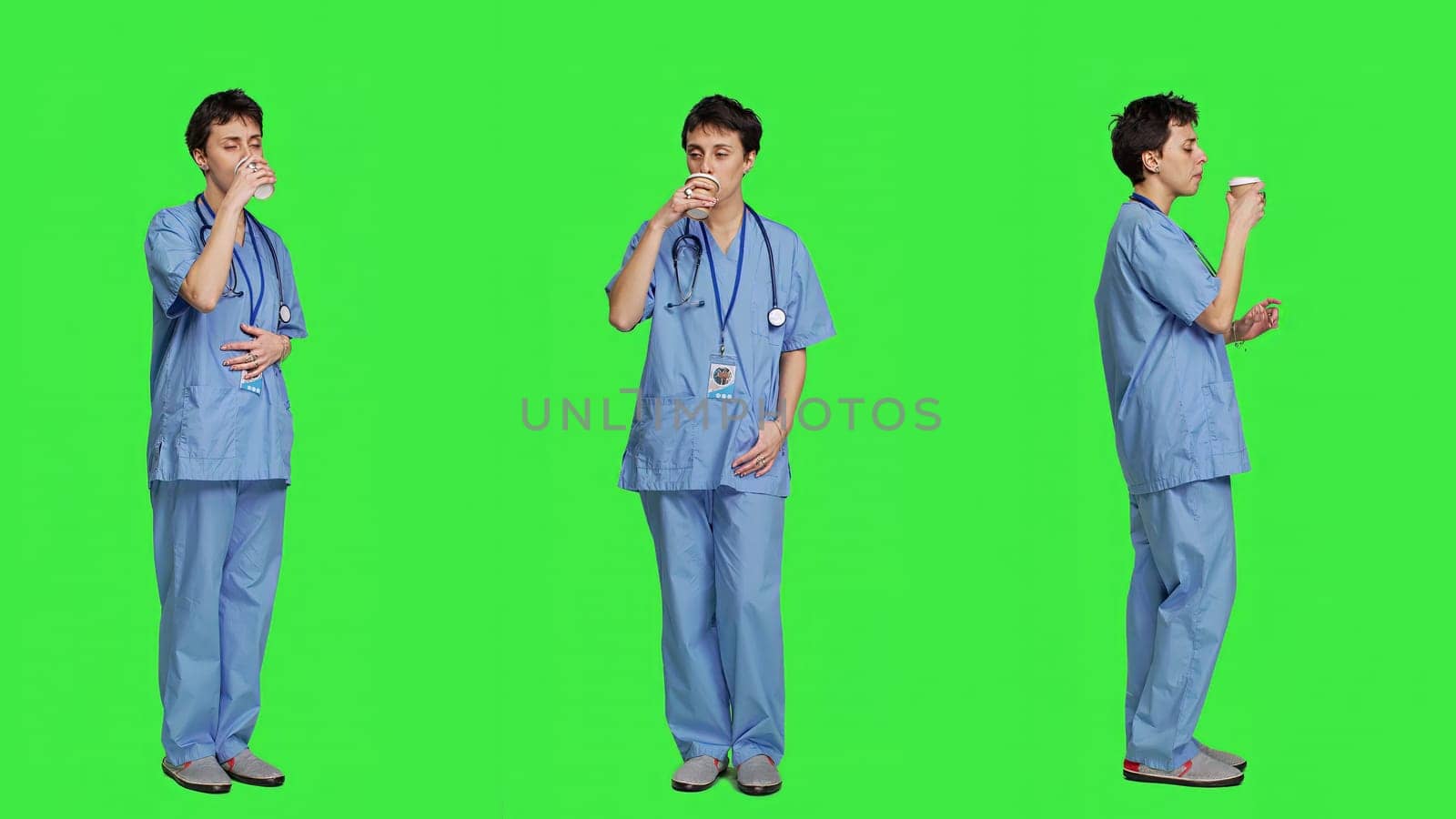 Healthcare specialist enjoying hot coffee cup against greenscreen backdrop by DCStudio