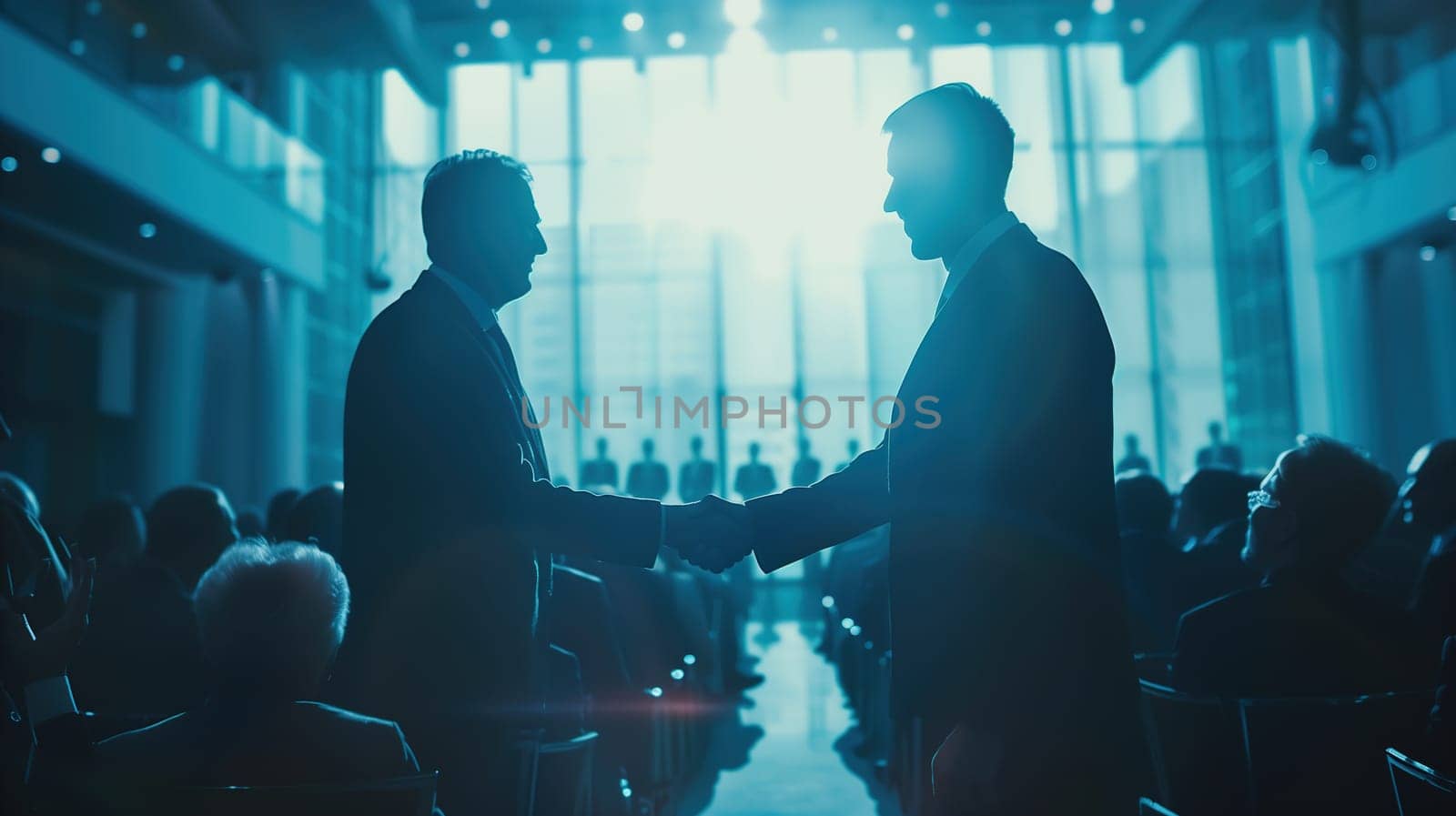 Silhouetted Businessmen Shaking Hands at Networking Event in Corporate Setting by TRMK