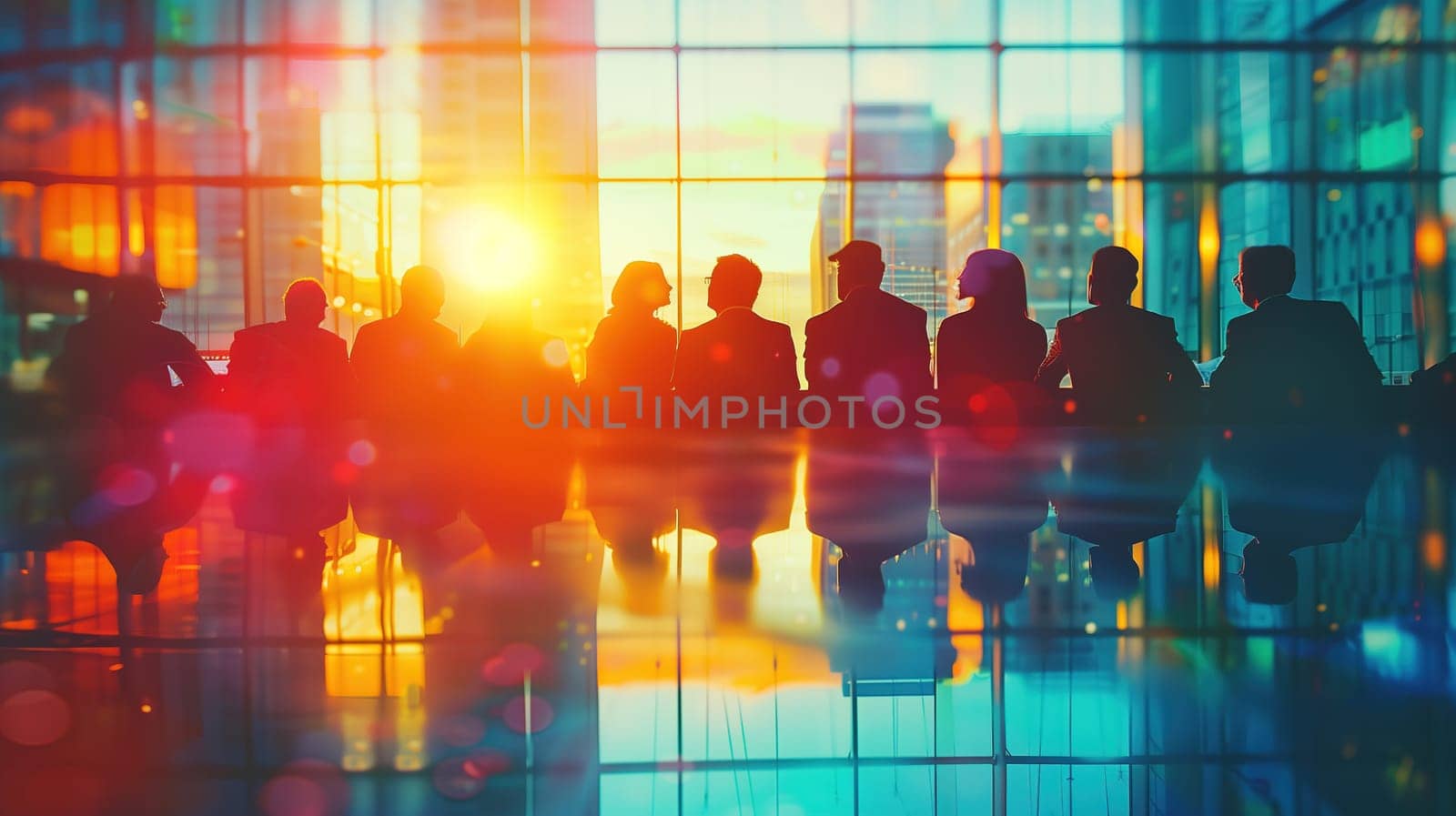 Silhouetted Business Professionals Gathering in Modern Office During Sunset by TRMK