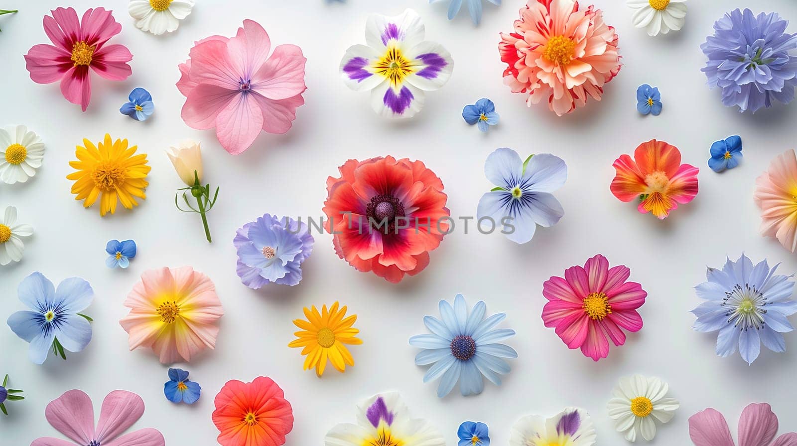 A vibrant assortment of differently colored flowers scattered on a clean white surface. Each bloom adds a pop of color to the scene, creating a lively and colorful display.