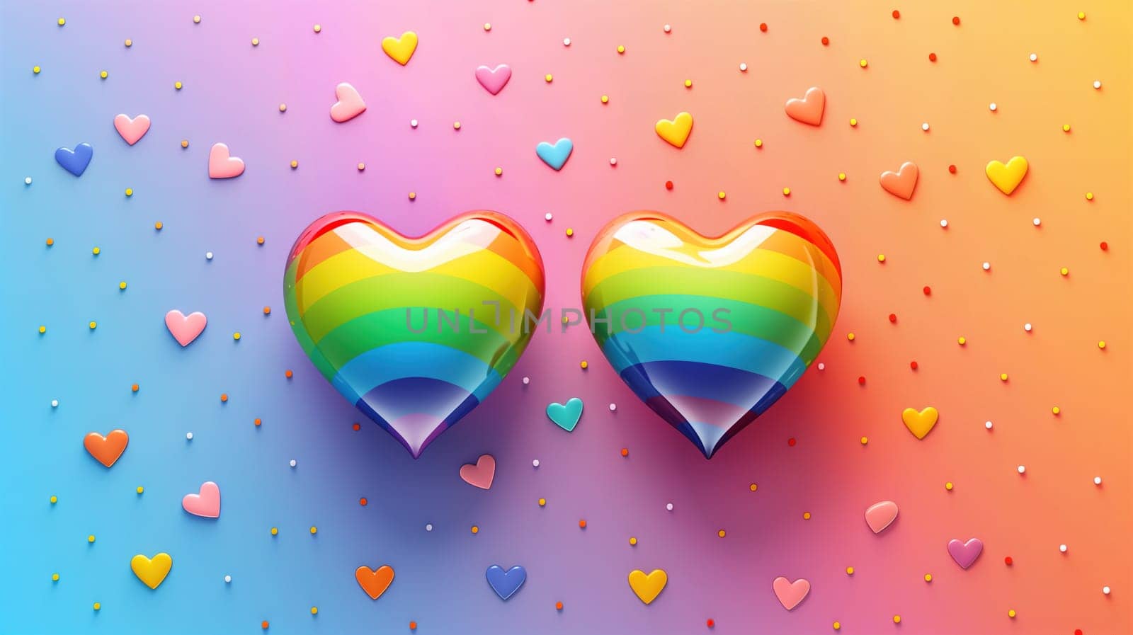 Two heart-shaped lollipops in rainbow colors are positioned on a vibrant multicolored background. The lollipops symbolize the lgbt pride concept.