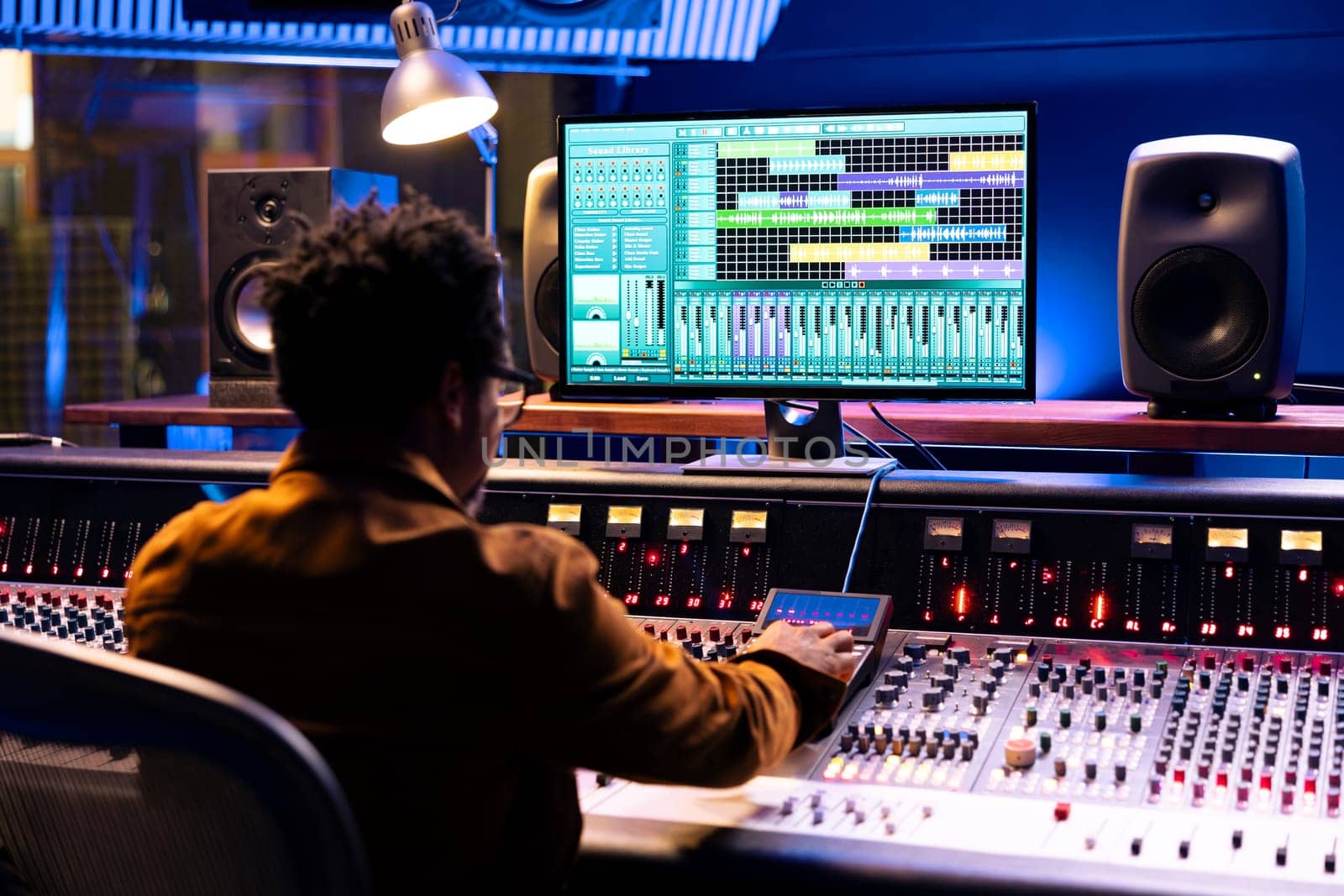 African american audio expert operating editing software to adjust sound settings, control room with mixing console in studio. Professional technician creating new tracks for an album.