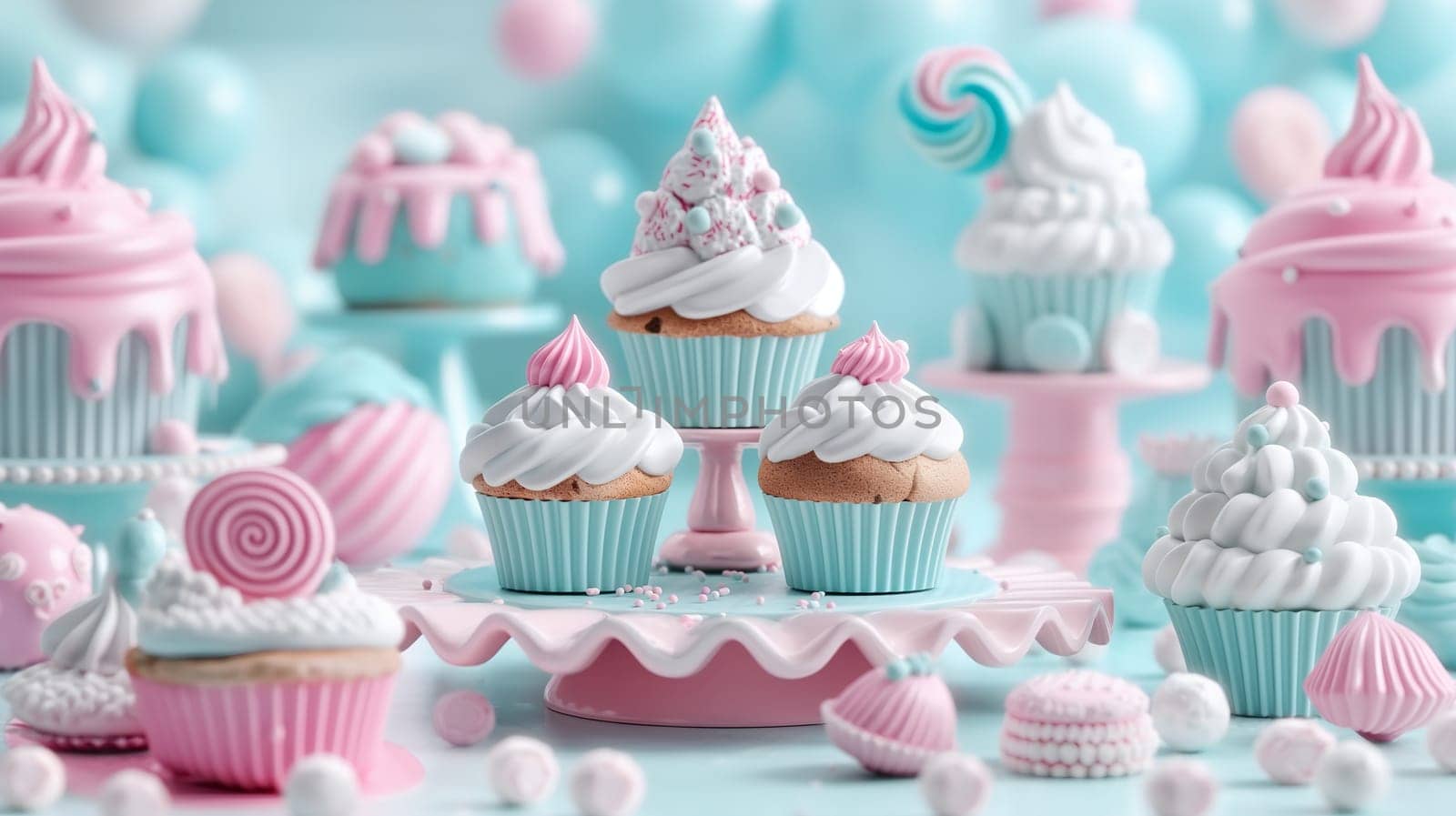 A variety of cupcakes and candies in soft pastel colors arranged on a dessert table, showcasing a playful and sweet display - Generative AI
