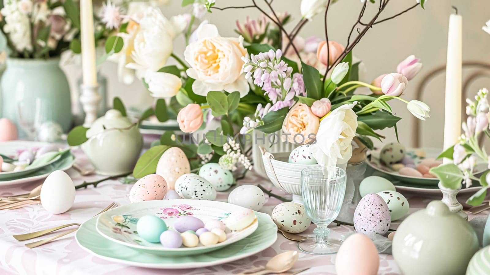 Easter table setting with painted eggs, spring flowers and crockery by Olayola
