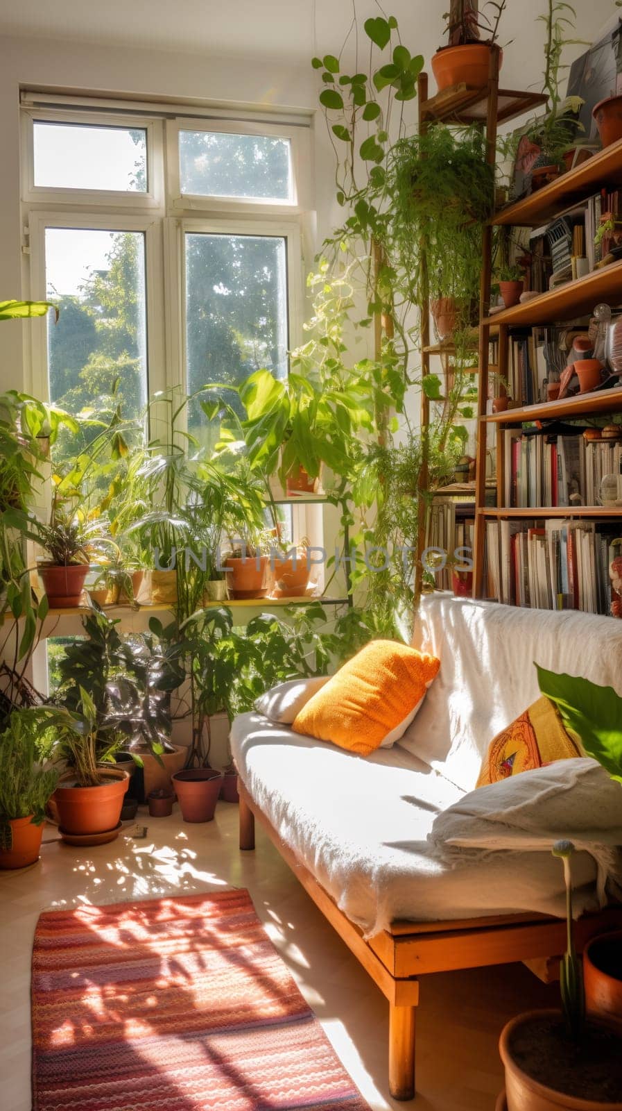 Sunlit Cozy Reading Nook With Lush Indoor Plants by chrisroll