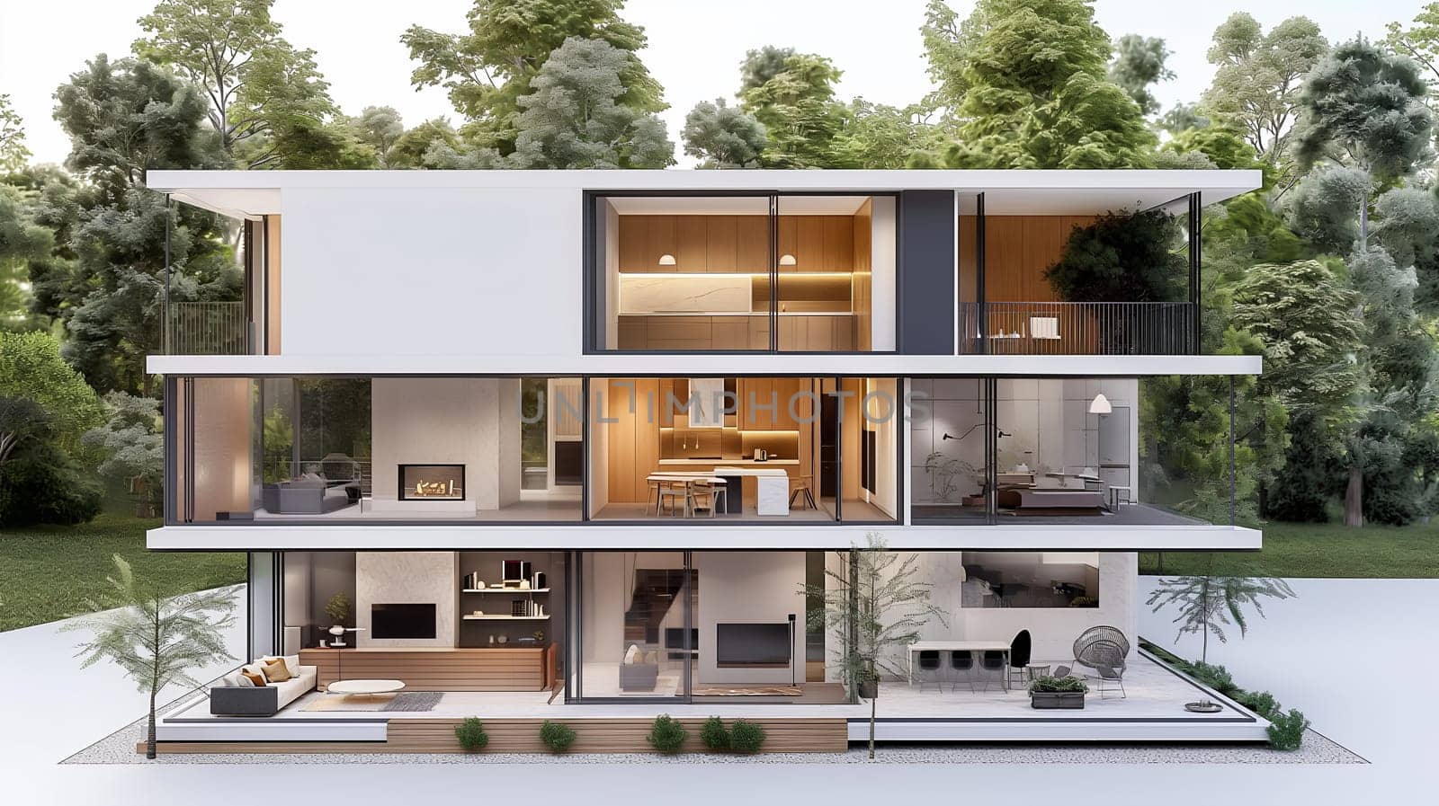 An architectural visualization of a three-story modern residence revealing detailed interior spaces, including living areas, kitchen, and bedrooms with contemporary furniture - Generative AI