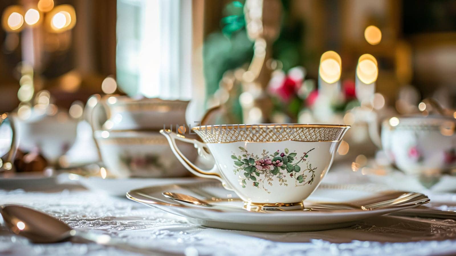 Elegant table setting for tea party with cakes and cupcakes in English manor. Selective focus. Vintage style