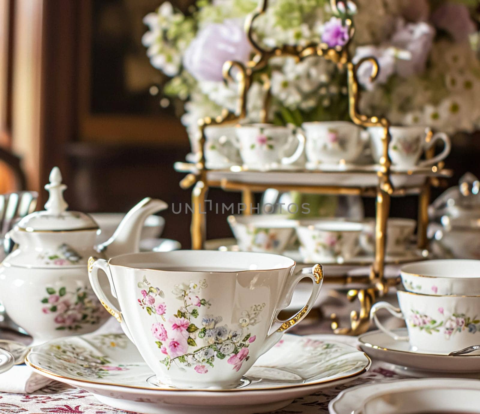 Elegant table setting for tea party with cakes and cupcakes in English manor. Selective focus. Vintage style