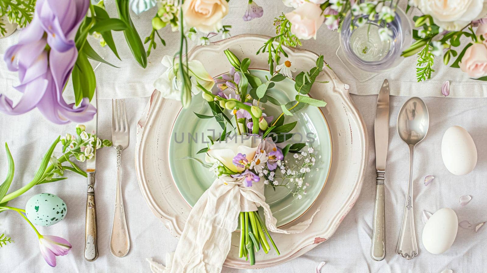 Easter table setting with painted eggs, spring flowers and crockery by Olayola