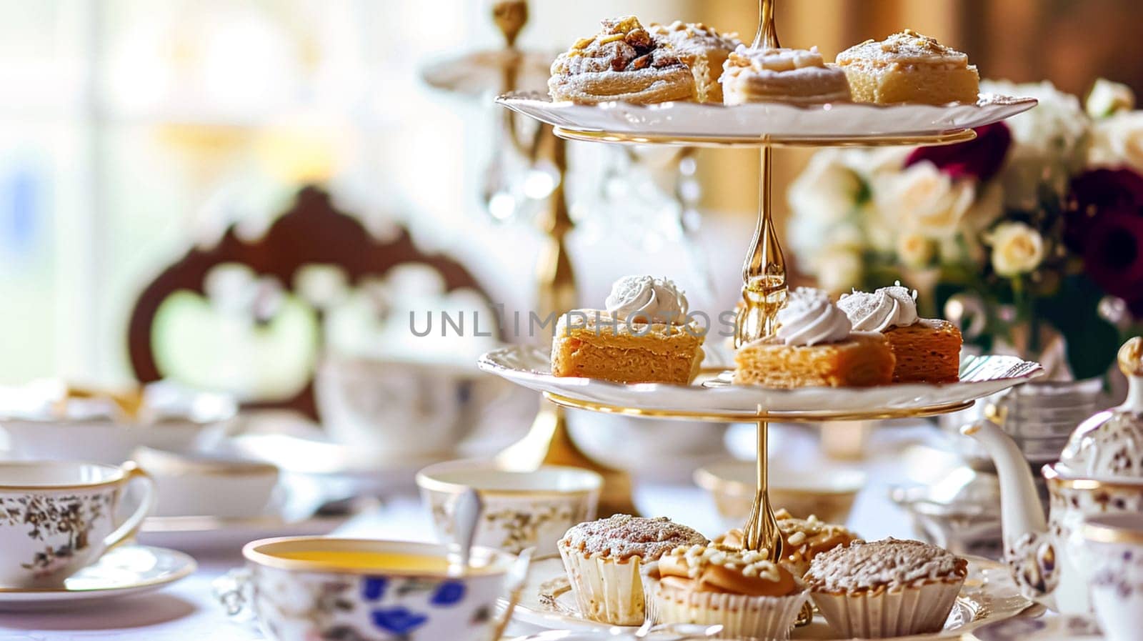 Elegant table setting for tea party with cakes and cupcakes in English manor. Selective focus. Vintage style