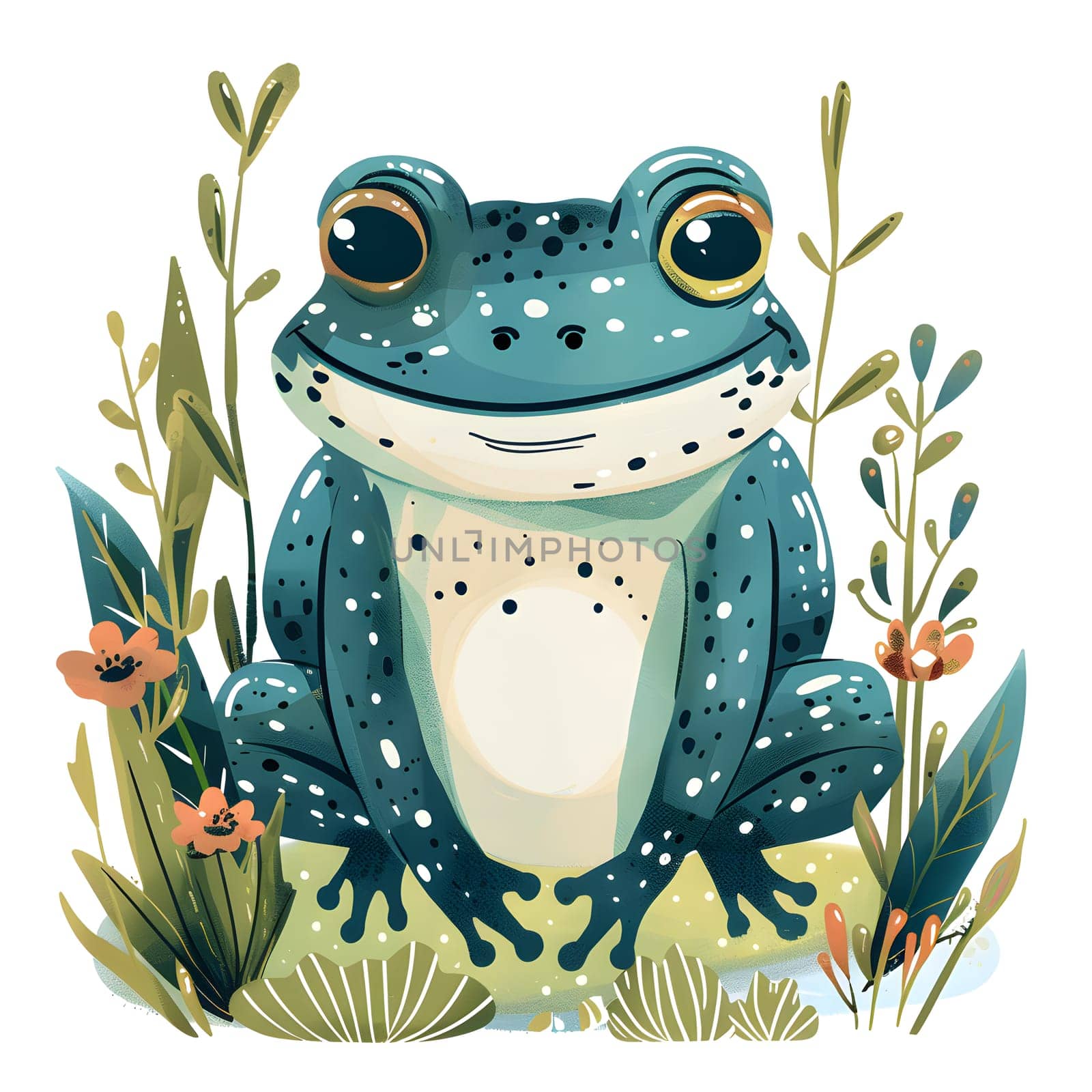 A True frog, an amphibian organism, is sitting in the grass surrounded by plants and flowers, creating a picturesque scene resembling an art painting