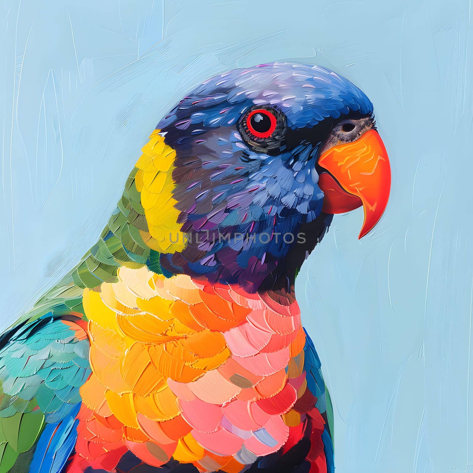 Closeup painting of a vibrant parrot with red eyes and electric blue feathers by Nadtochiy