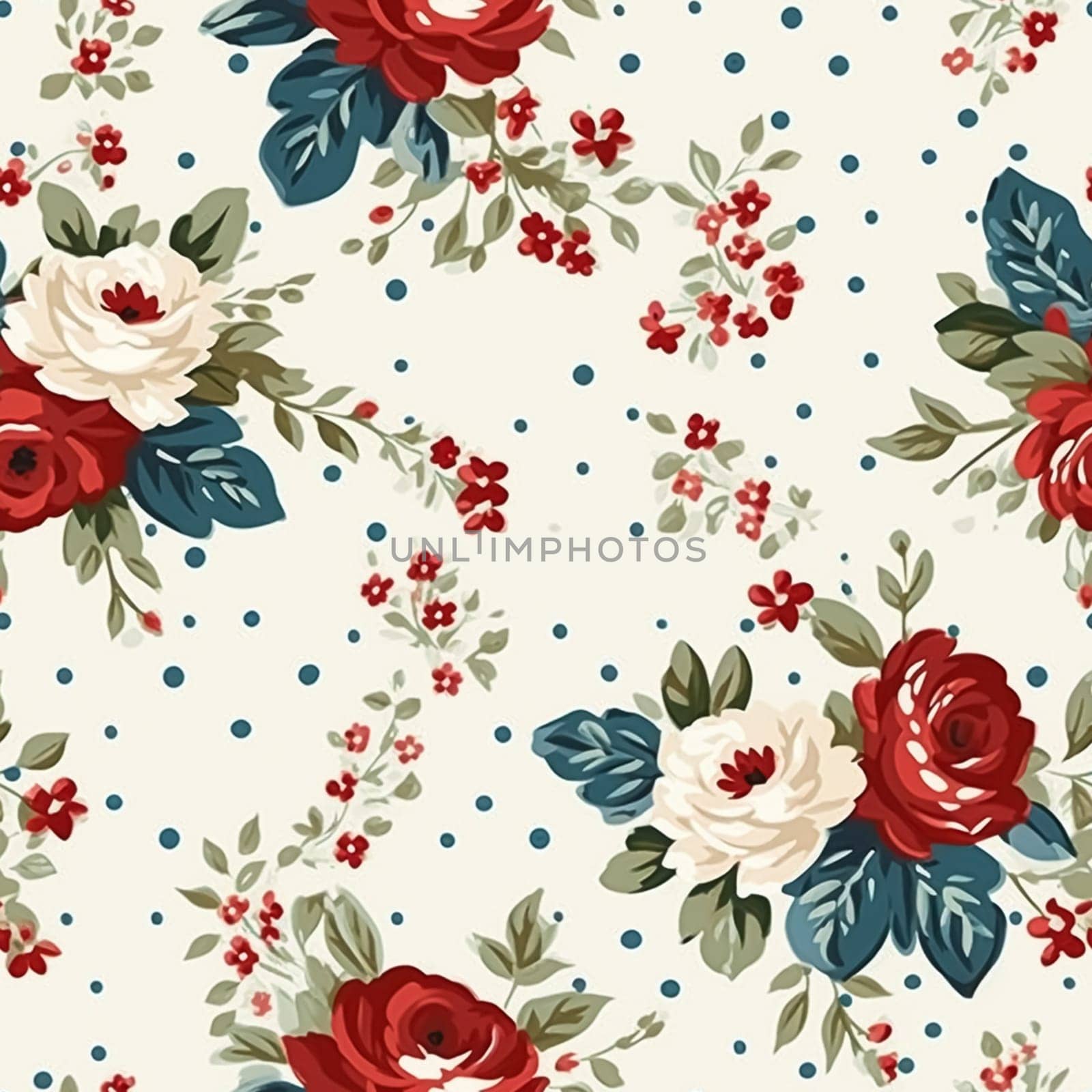 Seamless pattern, tileable floral country holiday print with roses, dots and flowers for wallpaper, wrapping paper, scrapbook, fabric and polka dot roses product design idea