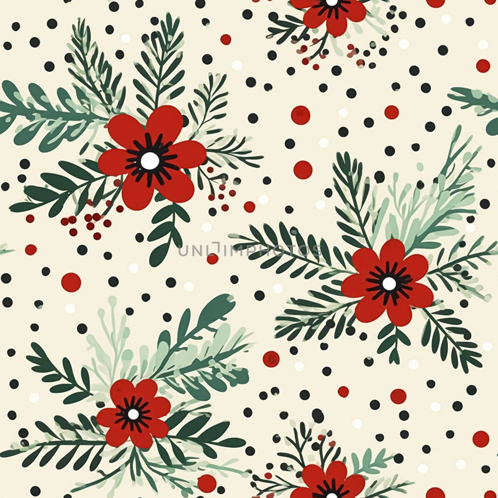 Seamless pattern, tileable Christmas holiday floral country dots print, English countryside flowers for wallpaper, wrapping paper, scrapbook, fabric and product design motif