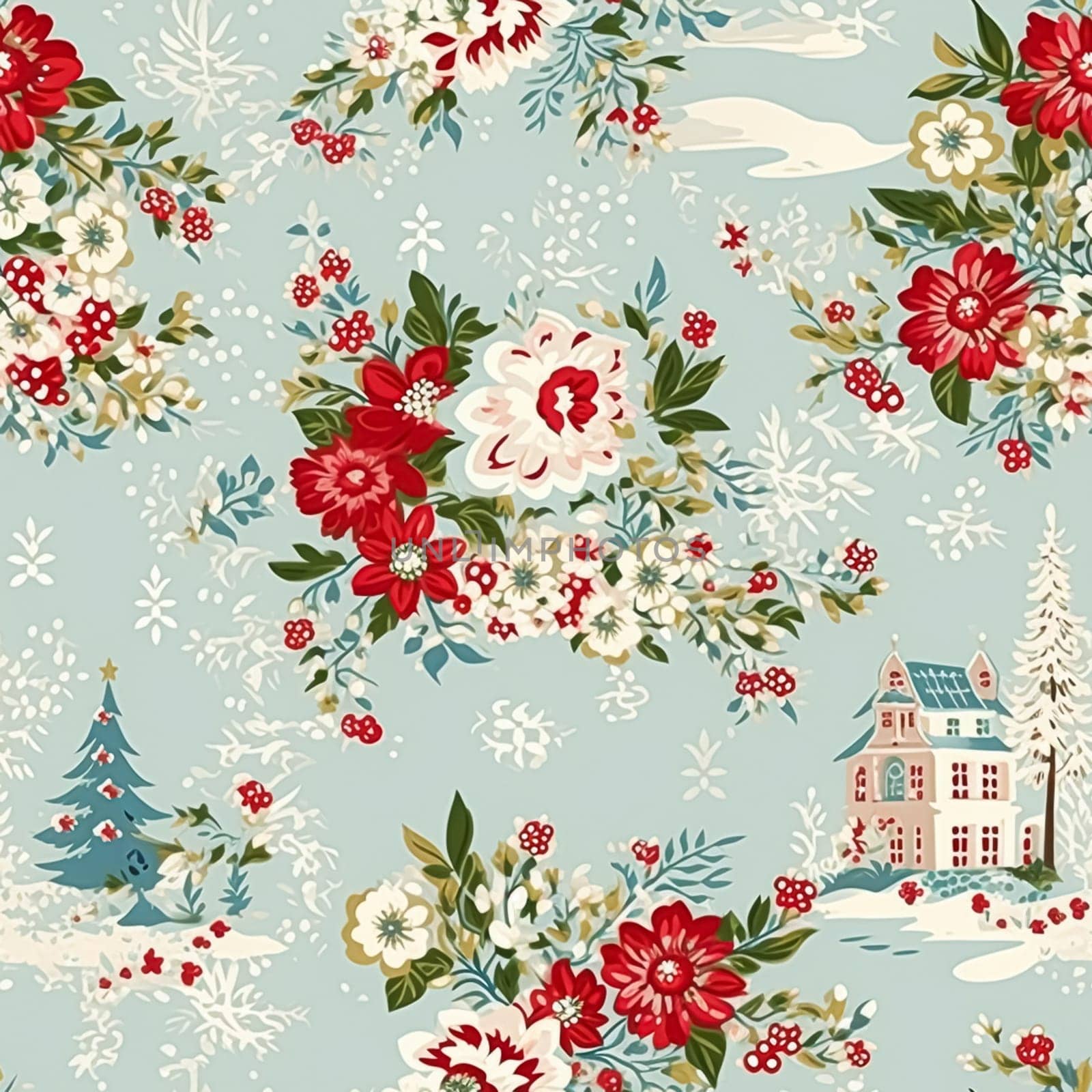 Seamless pattern, tileable Christmas holiday country house, floral dots print, English countryside for wallpaper, wrapping paper, scrapbook, fabric and product design by Anneleven