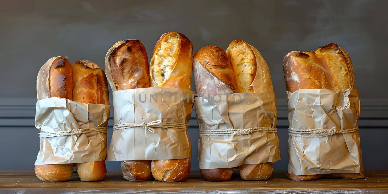 Four loaves of bread, a staple food ingredient in many cuisines, are neatly wrapped in brown paper. These baked goods can be used in various dishes and recipes for any event
