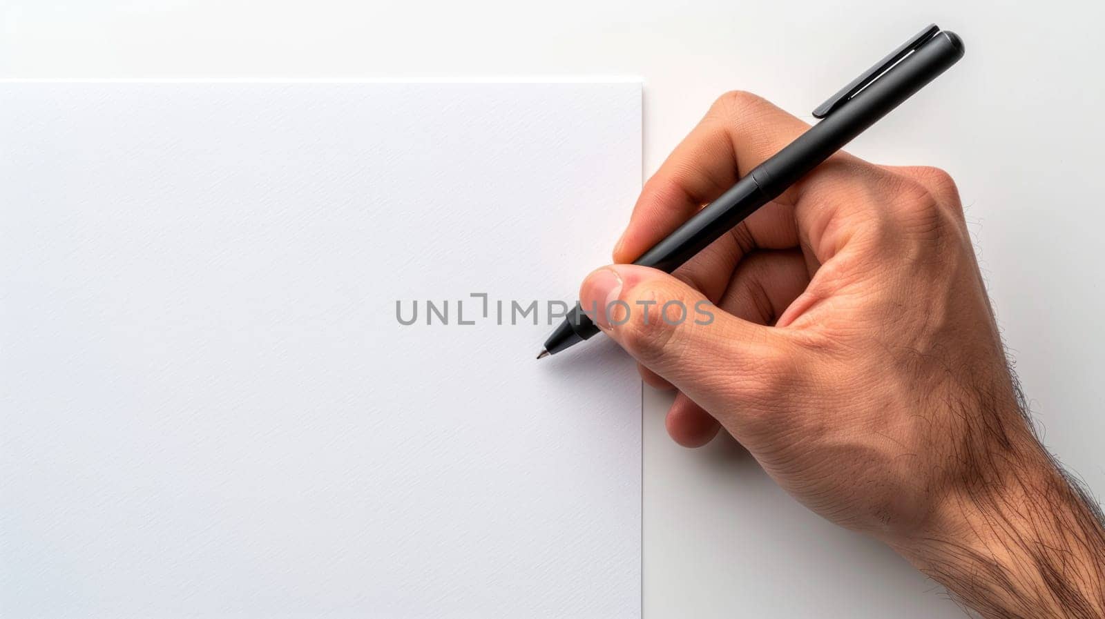 A hand is writing on a blank piece of paper with a pen by golfmerrymaker