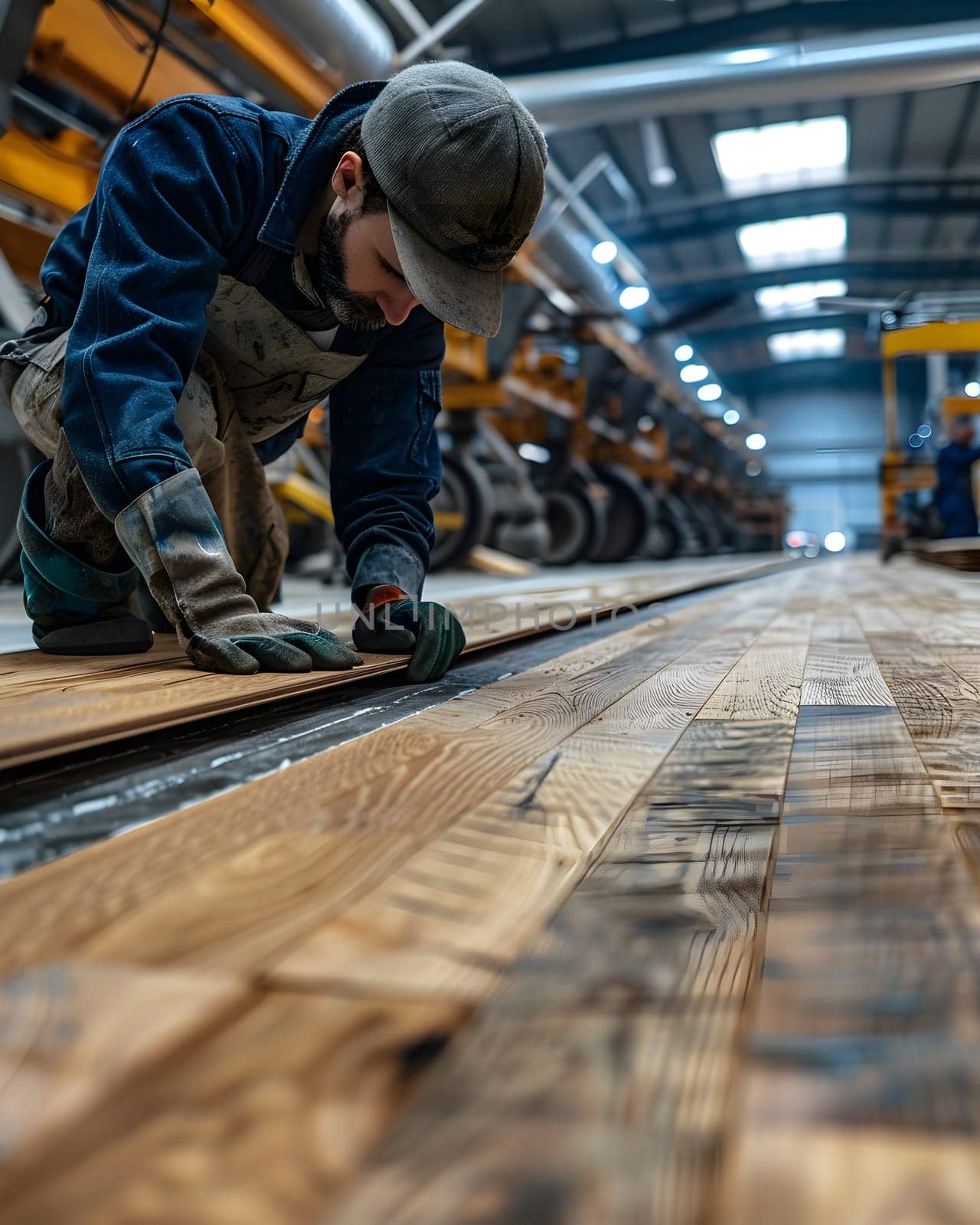 A tradesman is engineering hardwood planks for flooring on a wooden floor in the factory, using composite materials similar to asphalt road surfaces