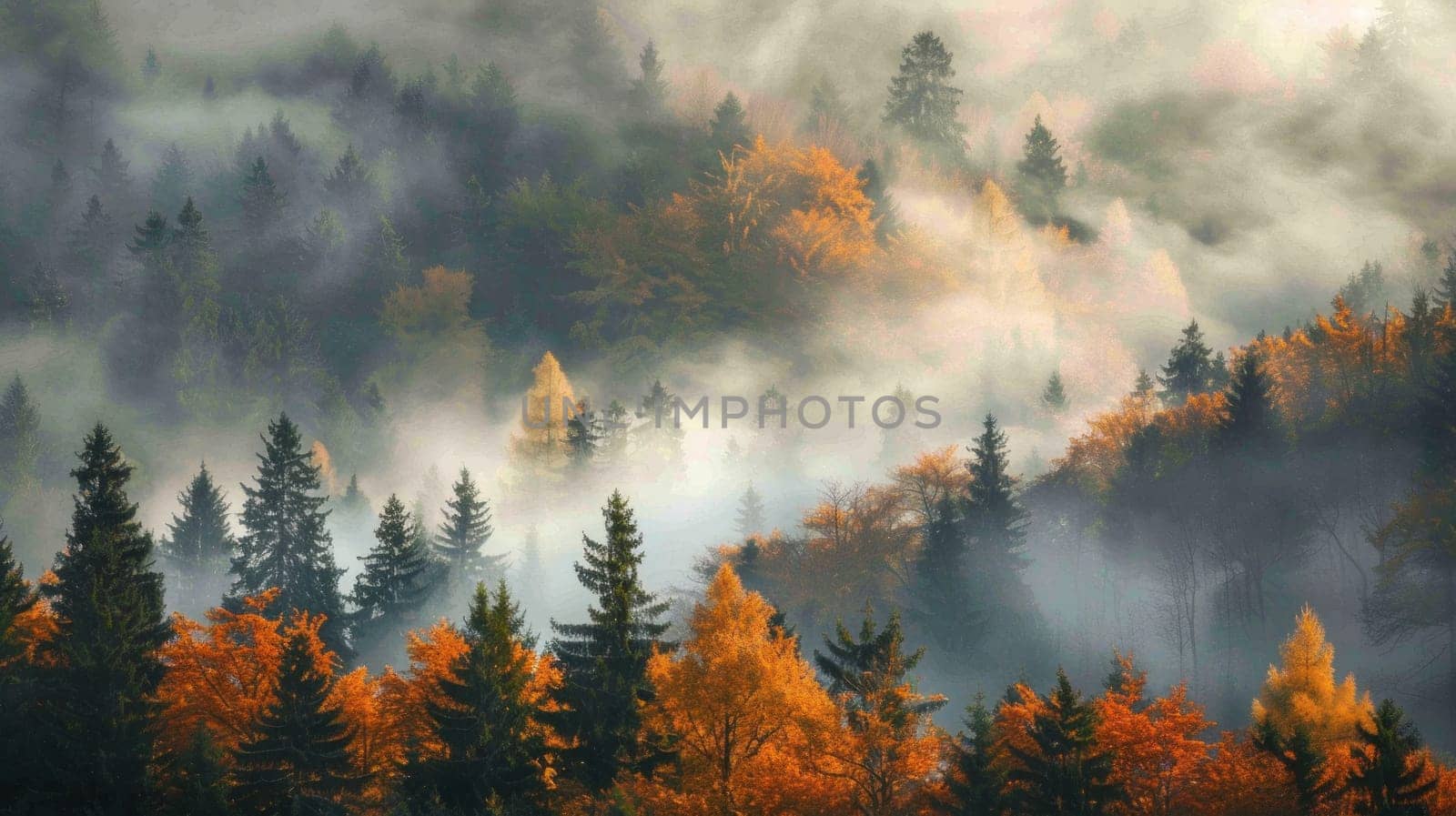 A forest with trees covered in fog and leaves.