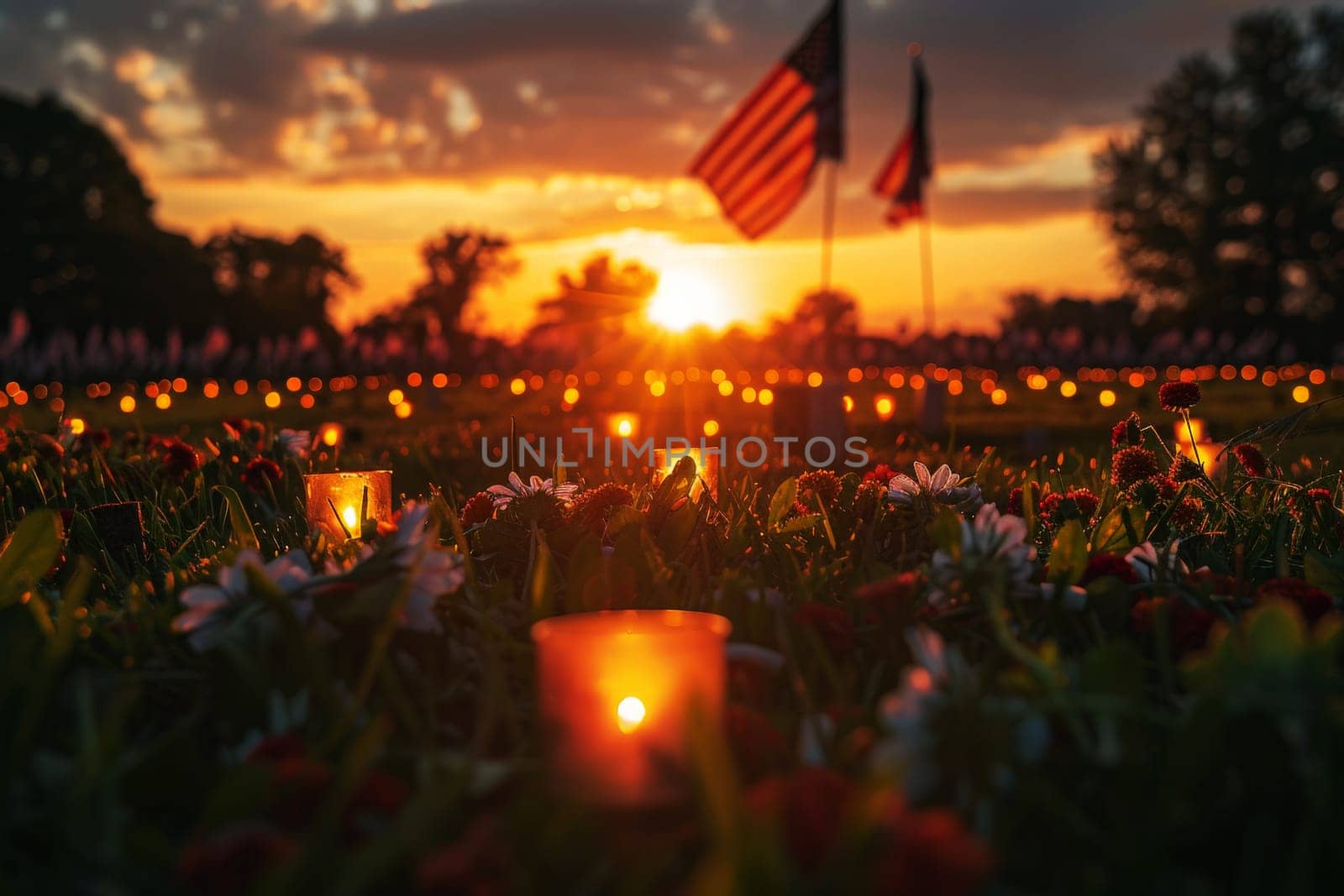 memorial day concept. A field of flowers with candles lit in the foreground. ai generative.