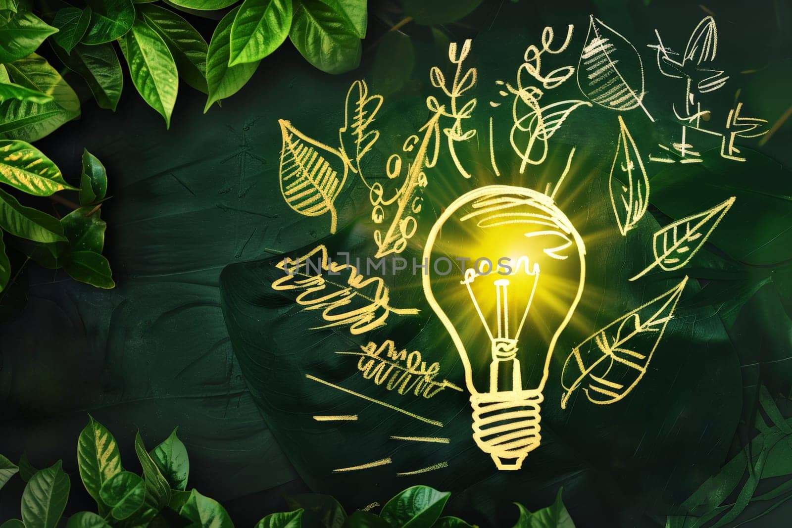 a light bulb surrounded by leaves. renewable energy. environment day concept .ai generative by matamnad