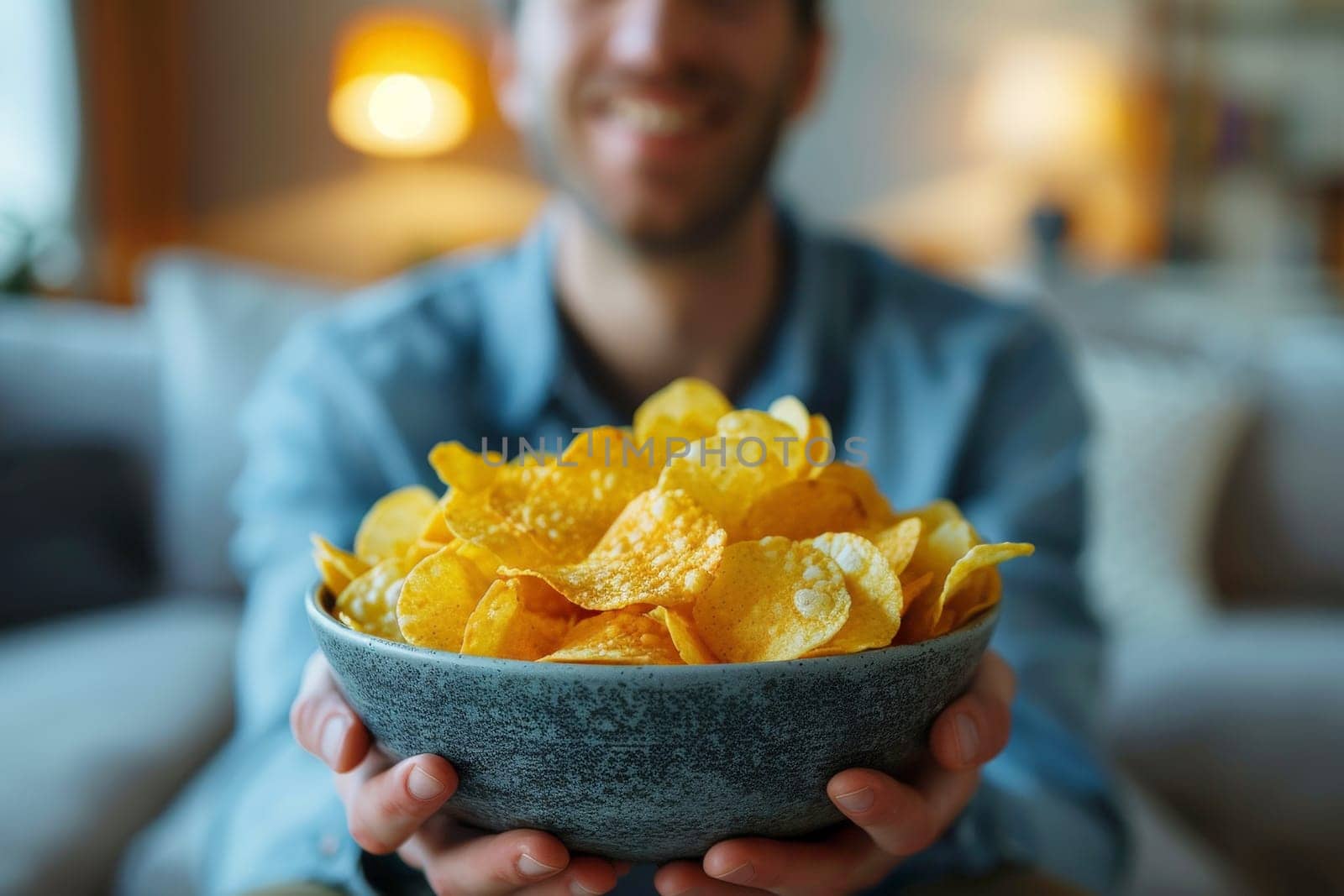 A man is holding a bowl of chips and smiling.ai geneative by matamnad