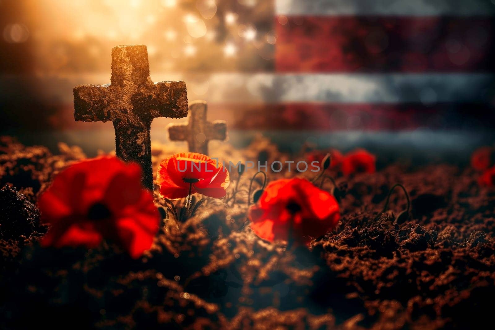 memorial day concept. A cross is in the middle of a field of red flowers. ai generative by matamnad