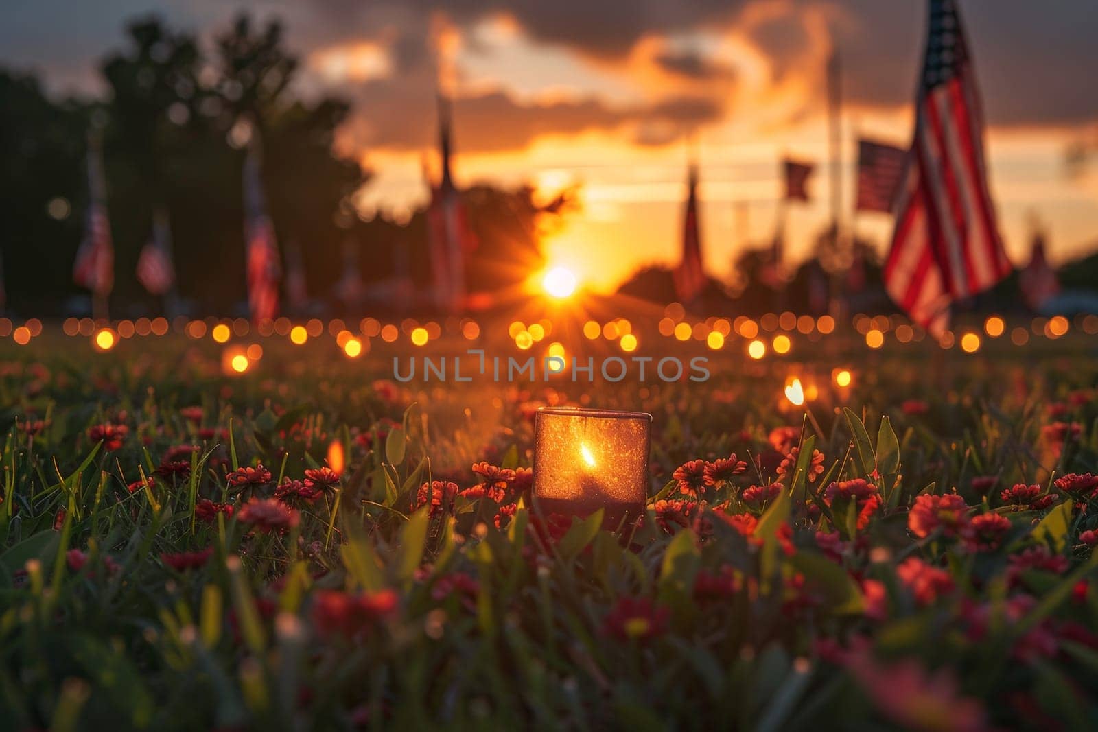 memorial day concept. A field of flowers with candles lit in the foreground. ai generative by matamnad