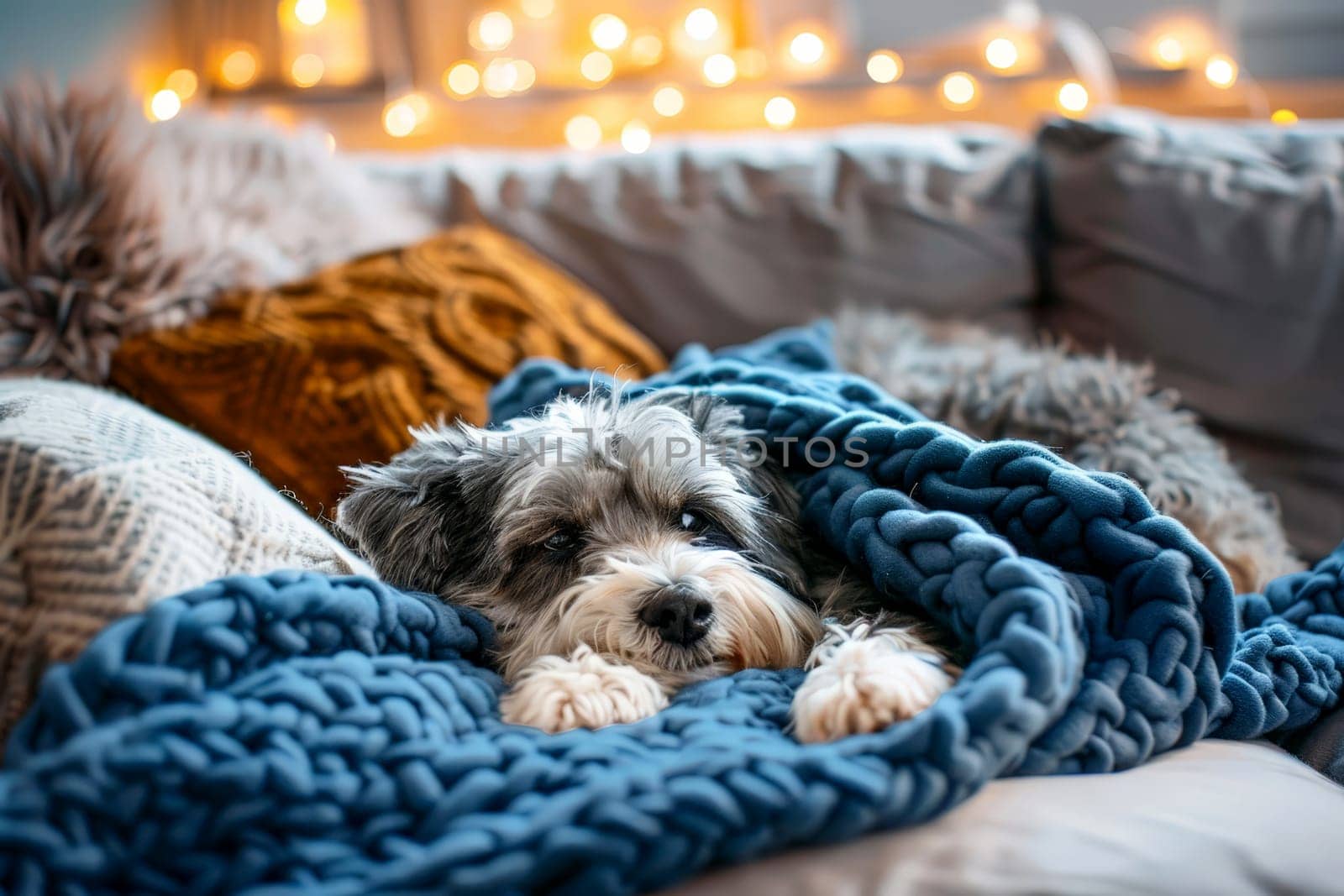 A dog is laying on a blue blanket with a blue blanket draped over it.ai generative by matamnad