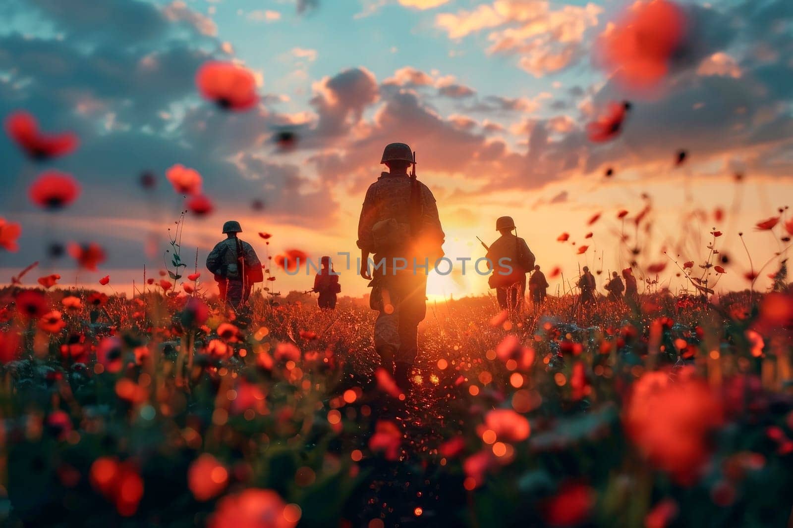 memorial day concept. A group of soldiers walking through a field of red poppies.