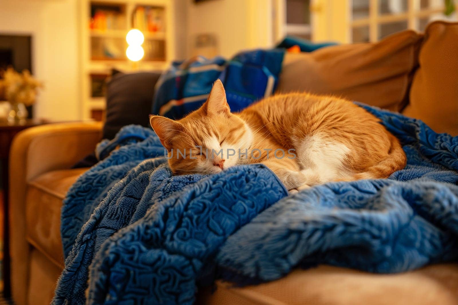 A cat is sleeping on a blue blanket on a couch.