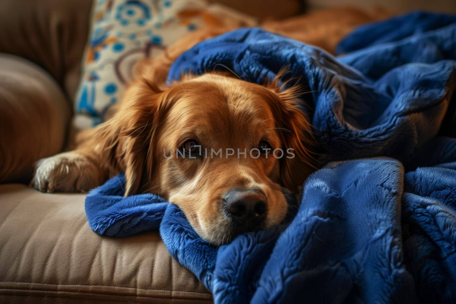 A dog is laying on a blue blanket with a blue blanket draped over it.ai generative by matamnad