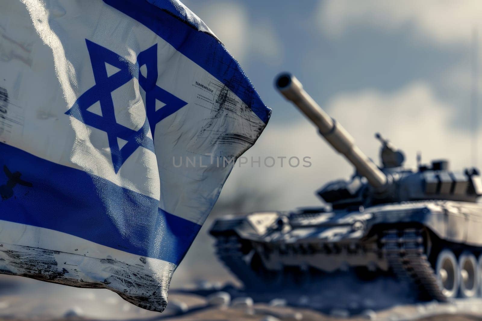 A flag with the word Israel on it is flying next to a tank. The flag is torn and dirty, and the tank is large and intimidating. Concept of conflict and tension