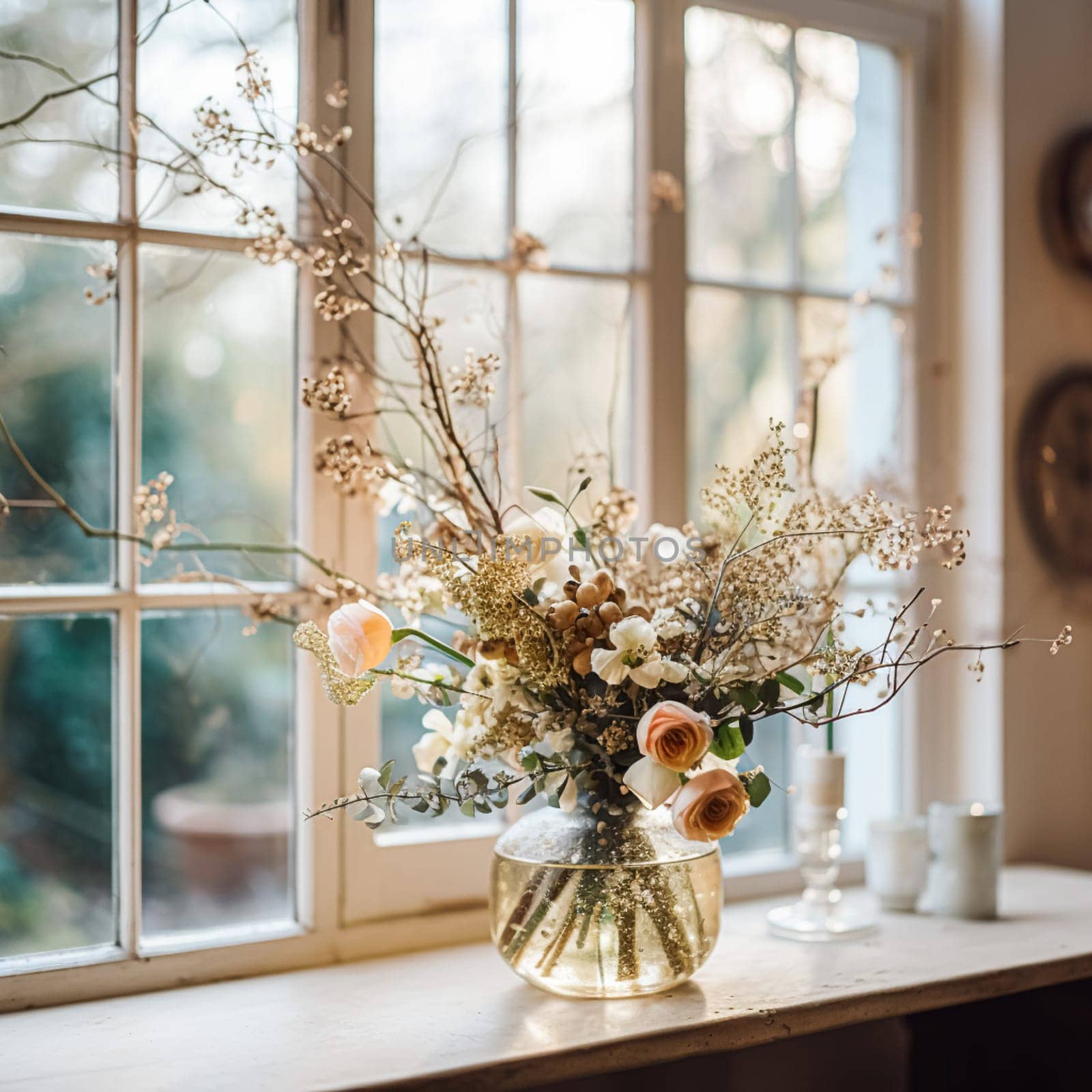 Floral arrangement with winter, autumn or early spring botanical plants and flowers by Anneleven