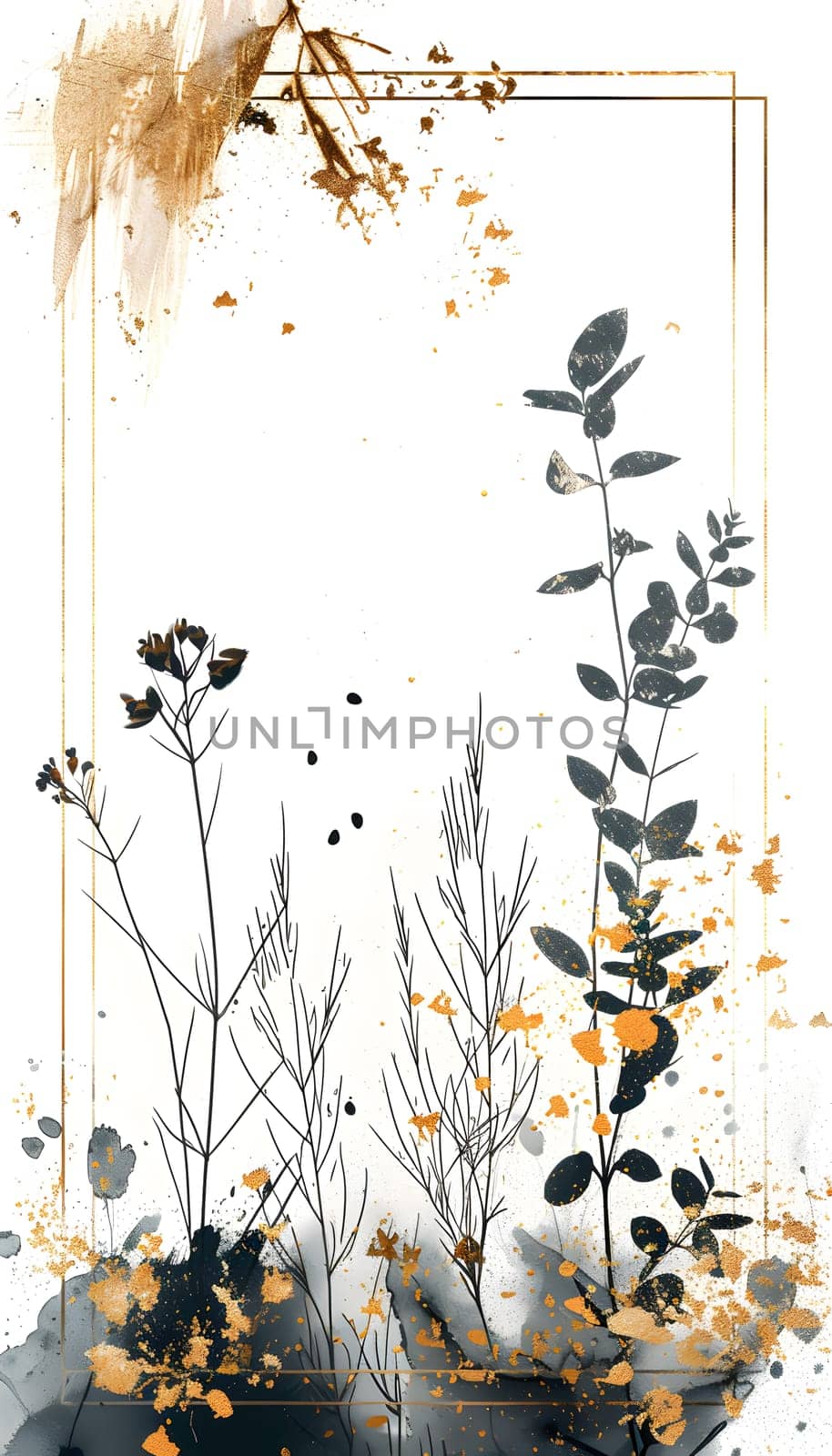Art of flowers and leaves in a gold framed painting on white background by Nadtochiy