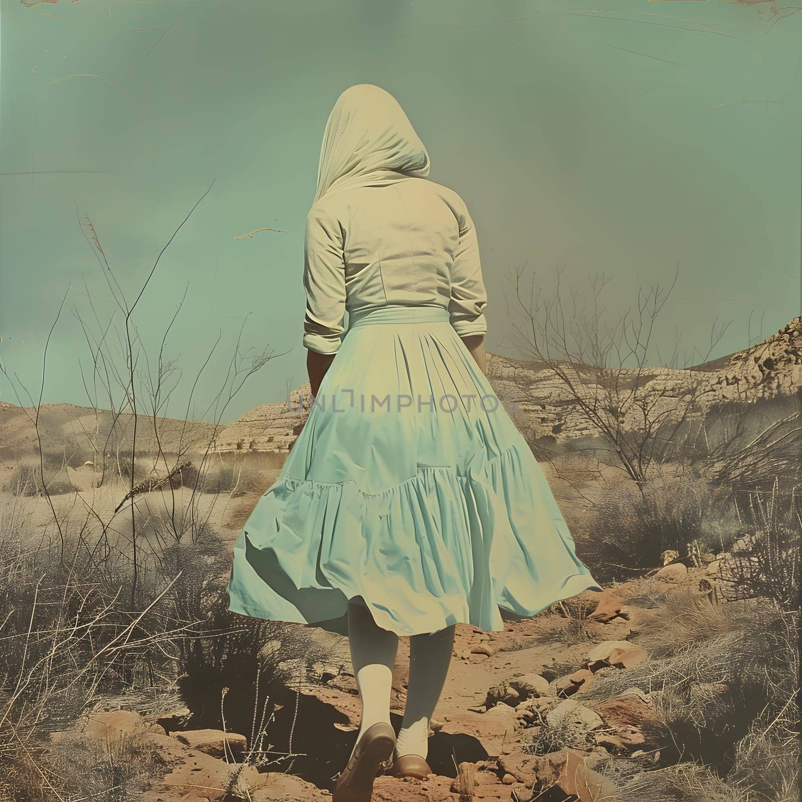 A woman in a kneelength blue day dress with puffy sleeves is strolling on a rocky path across a grassy landscape under a clear sky