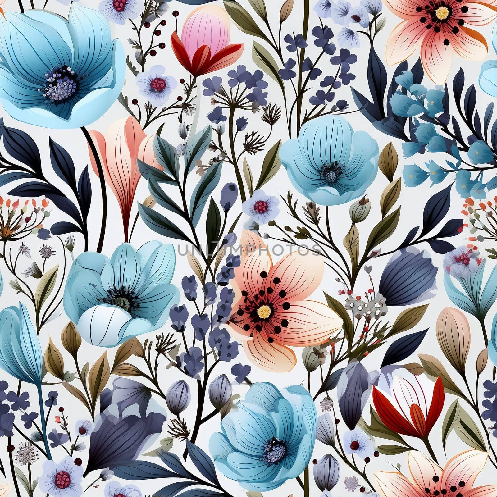 Seamless pattern tile background flowers and floral leaves plants. High quality photo