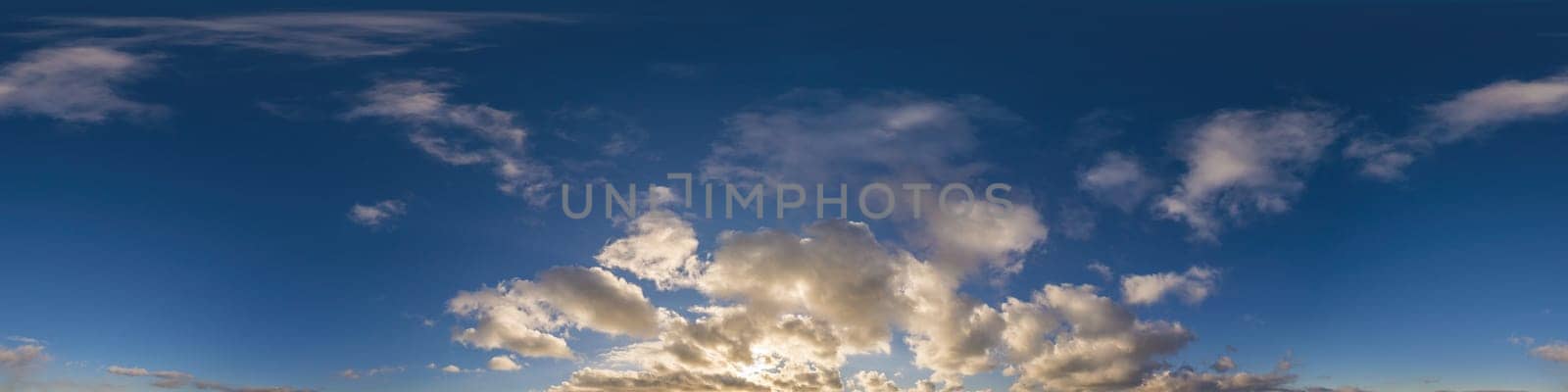 Sky panorama with Cirrus clouds in Seamless spherical equirectangular format. Full zenith for use in 3D graphics, game and editing aerial drone 360 degree panoramas for sky replacement