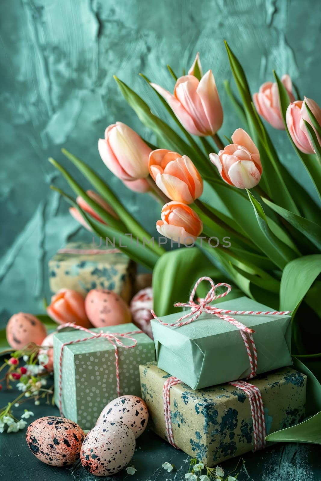 Easter gifts and tulips on green background. Generative AI.