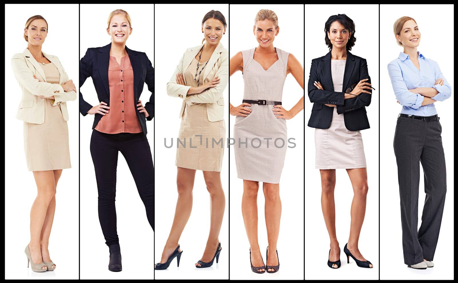 Collage, stylish and business women in formal clothing in portrait for affirmative action and fashion. Happy, corporate people and suit for confidence, pride and empowerment on white background.