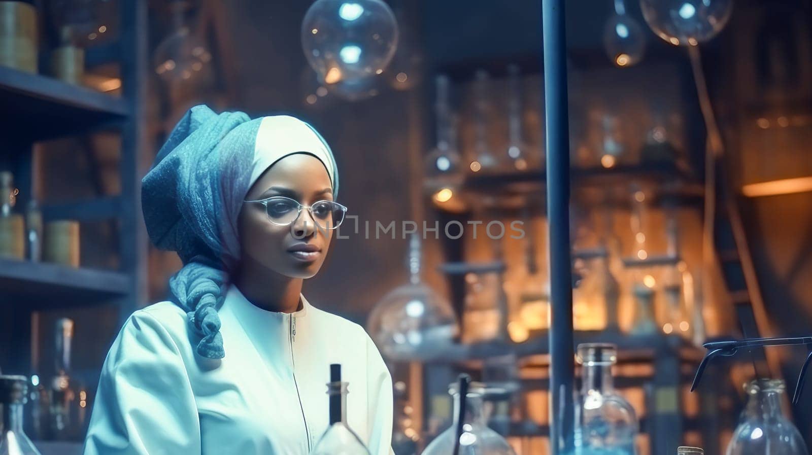 Doctor woman dark-skinned African American in her office and medical modern laboratory where people are undergoing examination of their health. Hospital, medicine, doctor and pharmaceutical company, healthcare and health insurance.