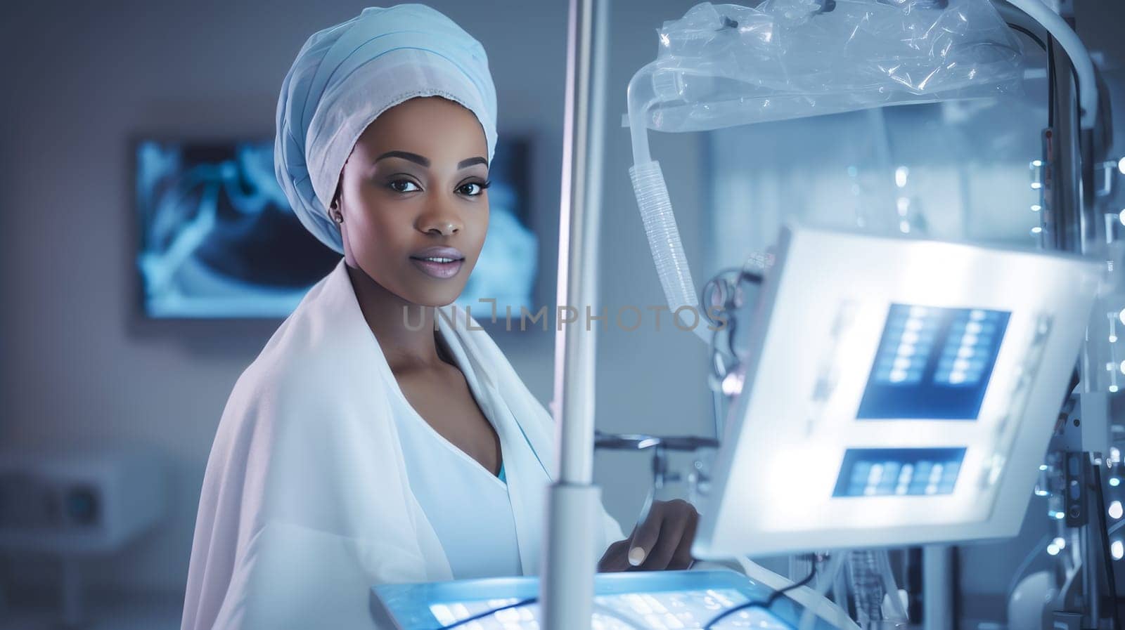 A dark-skinned African-American woman in a modern medical room with modern equipment, where a person undergoes an examination of his health under insurance. Hospital, medicine, doctor and pharmaceutical company, healthcare and health insurance.