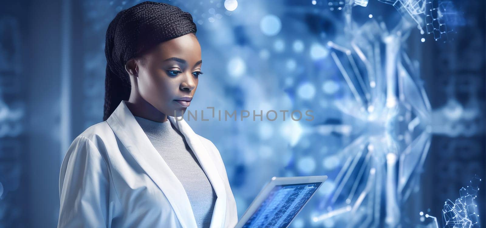 A dark-skinned African American woman in a medical modern bright hospital with modern equipment, where a person undergoes an examination health under insurance. Hospital, medicine, doctor and pharmaceutical company, healthcare and health insurance.