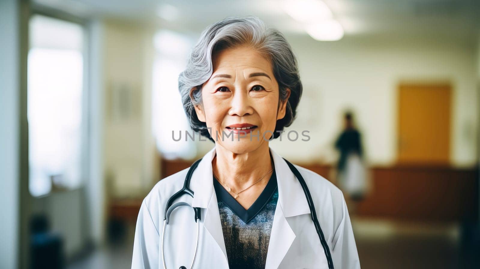 Portrait of a smiling Asian Korean doctor of an elderly old woman with a stethoscope in a medical hospital with modern equipment. Hospital, medicine, doctor and pharmaceutical company, healthcare and health insurance.