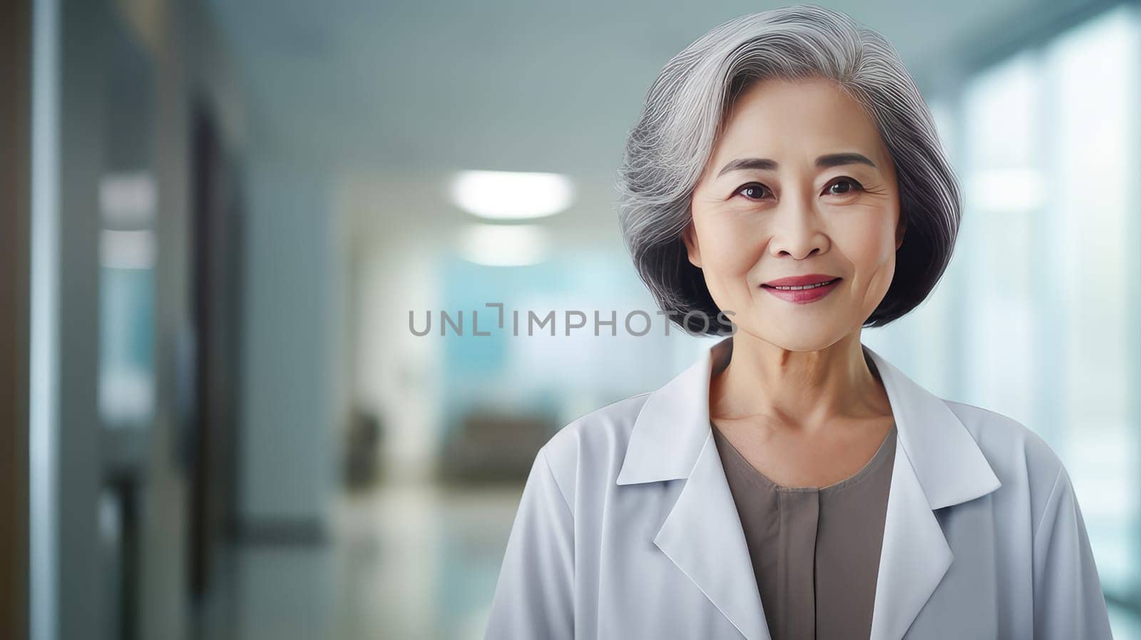 Portrait of a smiling Asian Korean doctor of an elderly old woman with a stethoscope in a medical hospital with modern equipment. Hospital, medicine, doctor and pharmaceutical company, healthcare and health insurance.