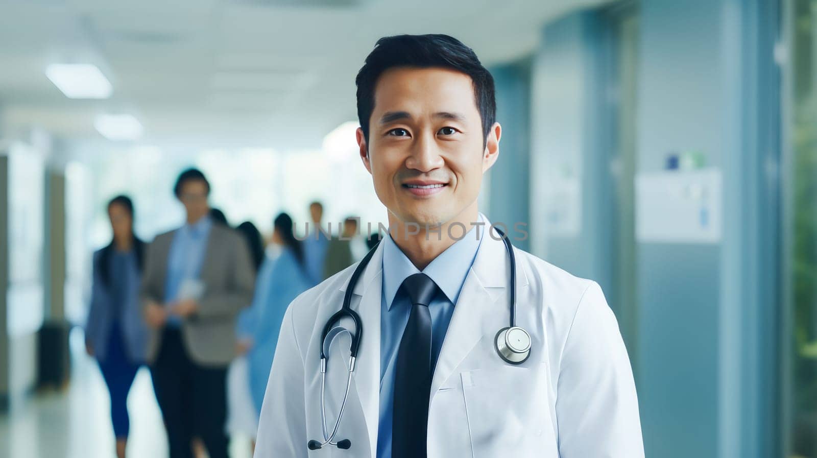 Portrait of a smiling Asian Korean doctor man with a stethoscope in a medical hospital with modern equipment. Hospital, medicine, doctor and pharmaceutical company, healthcare and health insurance.