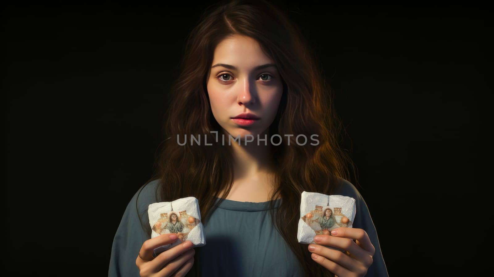 A young girl with pills in her hands, contraception, protection from unwanted pregnancy and protection. Modern youth and future technologies